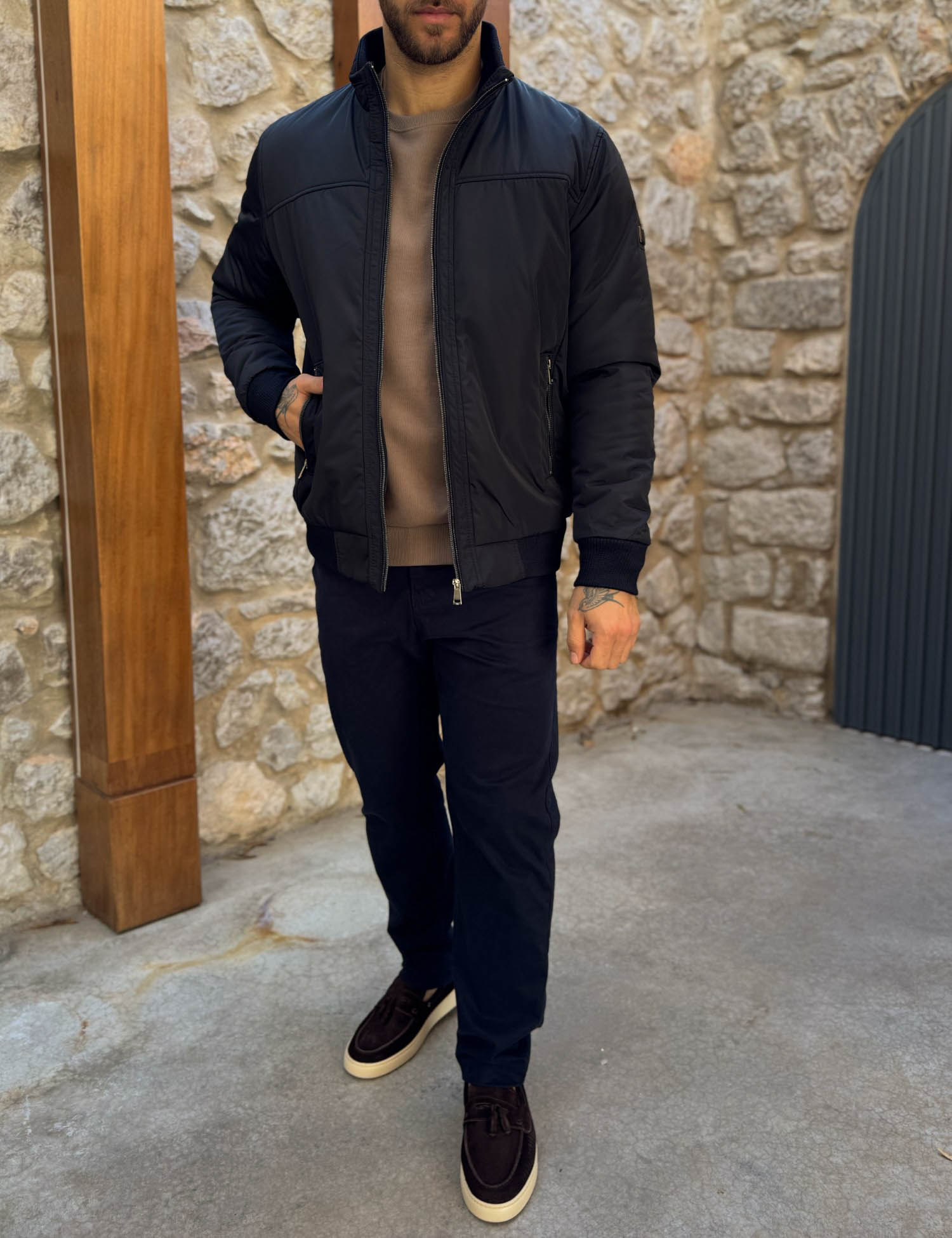 Ανδρικό μπλε μπουφάν με γιακά και λάστιχο HM264044B φωτογραφία